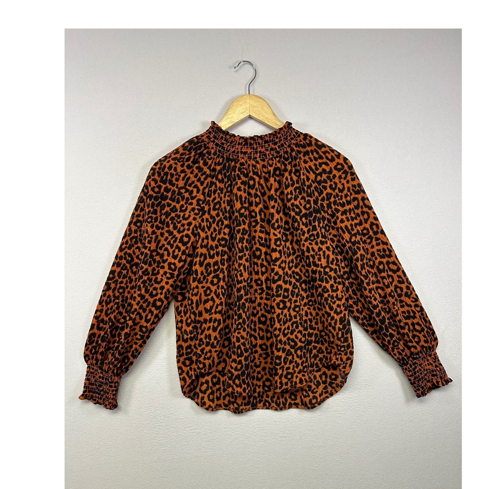 Animal Print LOFT Petites SP Orange Leopard Smocked Mock Neck Long Sleeve Blouse